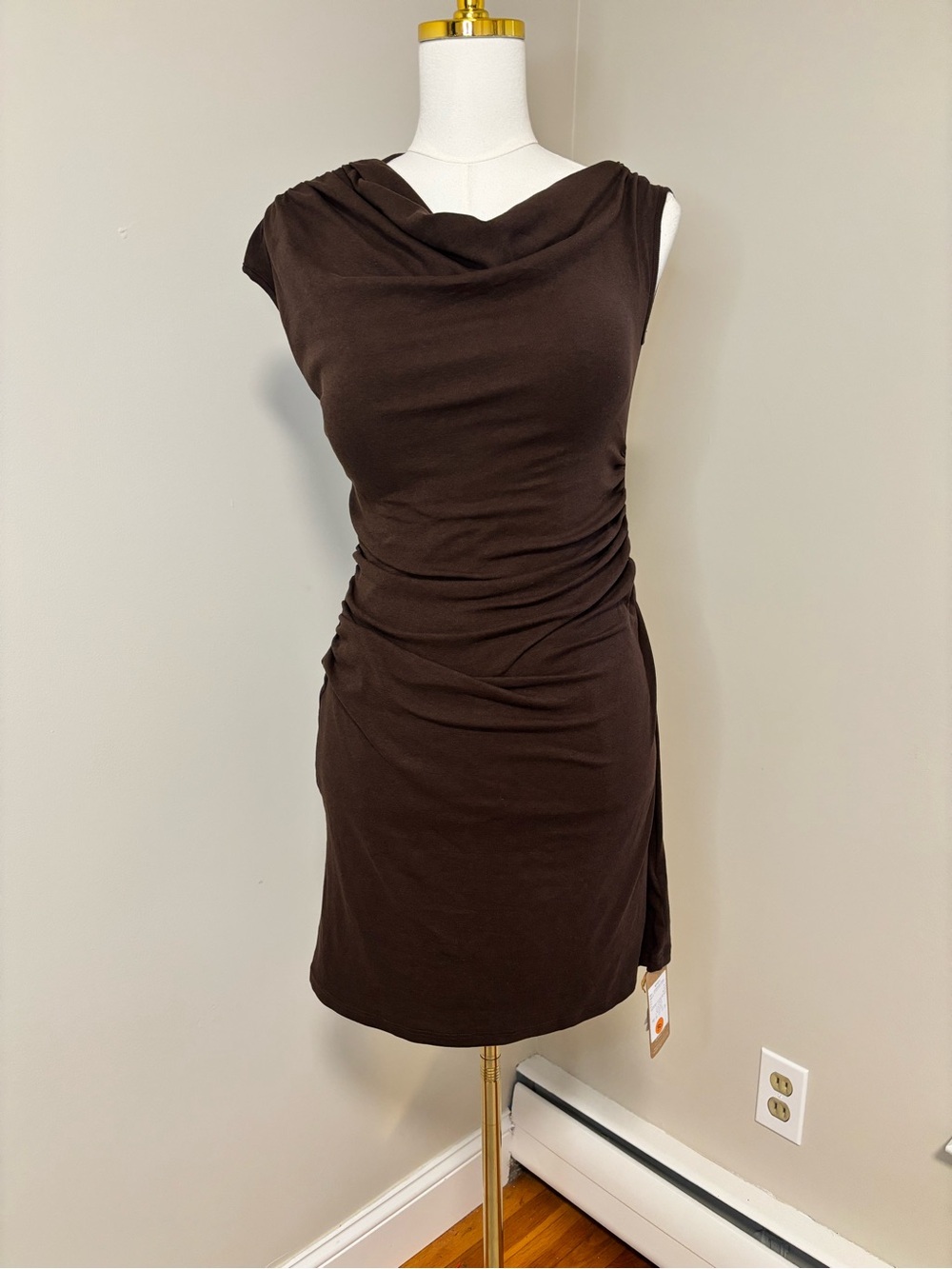 NWT OGL Brown Cowl Neck Ruched Midi Dress M